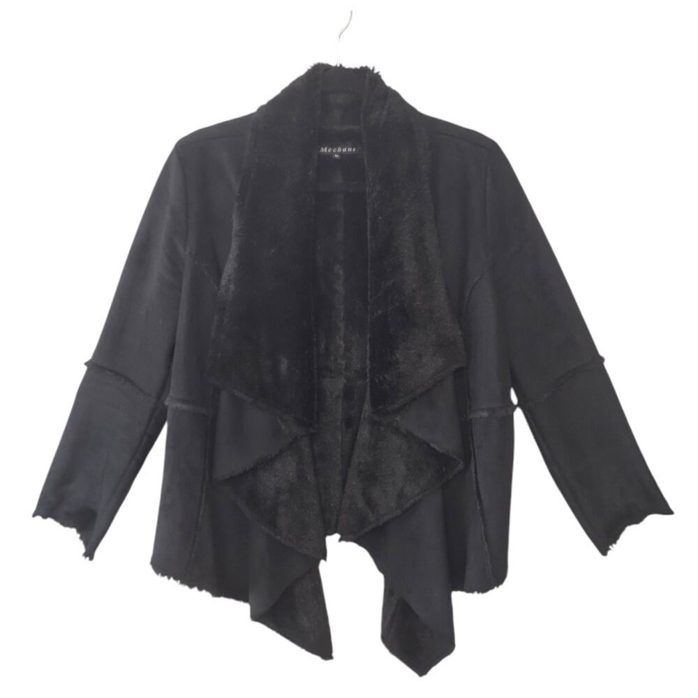 MECHANT Black Faux Fur Jacket Sz M Faux Leather Suede Cozy Flowy Fall Soft Warm